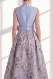 Blue Floral A Line Pleated Maxi Mother of the Bride Dress with Bow