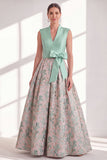 Blue Floral A Line Pleated Maxi Mother of the Bride Dress with Bow