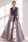 Blue Floral A Line Pleated Maxi Mother of the Bride Dress with Bow
