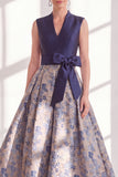 Blue Floral A Line Pleated Maxi Mother of the Bride Dress with Bow
