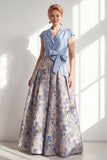 Navy Floral Notched Lapel A Line Mother of the Bride Dress with Bow