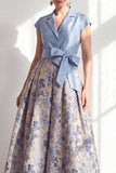 Navy Floral Notched Lapel A Line Mother of the Bride Dress with Bow