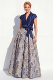 Navy Floral Notched Lapel A Line Mother of the Bride Dress with Bow