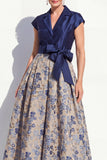 Navy Floral Notched Lapel A Line Mother of the Bride Dress with Bow