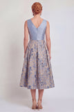 Jacquard Navy Floral A Line Pleated Mother of the Bride Dress