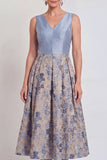 Jacquard Navy Floral A Line Pleated Mother of the Bride Dress
