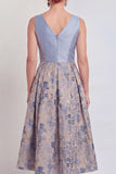 Jacquard Navy Floral A Line Pleated Mother of the Bride Dress