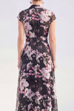 Black Floral A Line Maxi Mother of the Bride Dress with Sash
