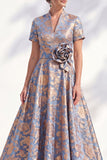 3D Flower Jacquard Blue A Line Maxi Mother of the Bride Dress