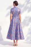 3D Flower Jacquard Blue A Line Maxi Mother of the Bride Dress