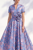 3D Flower Jacquard Blue A Line Maxi Mother of the Bride Dress