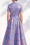 3D Flower Jacquard Blue A Line Maxi Mother of the Bride Dress