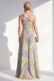 One Shoulder Blue Floral A Line Ruffled Mother of the Bride Dress