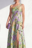 One Shoulder Blue Floral A Line Ruffled Mother of the Bride Dress