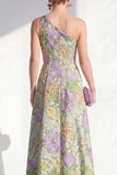 One Shoulder Blue Floral A Line Ruffled Mother of the Bride Dress