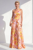 One Shoulder Blue Floral A Line Ruffled Mother of the Bride Dress