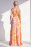 One Shoulder Blue Floral A Line Ruffled Mother of the Bride Dress