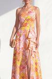 One Shoulder Blue Floral A Line Ruffled Mother of the Bride Dress