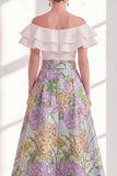 Off the Shoulder Ruffled Floral Purple A Line Mother of the Bride Dress