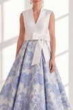 Blue A Line Floral Mother of the Bride Dress with Bow