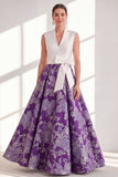 Blue A Line Floral Mother of the Bride Dress with Bow