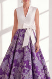 Blue A Line Floral Mother of the Bride Dress with Bow