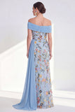 Off the Shoulder Floral Embroidered Blue Maxi Mother of the Bride Dress