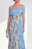 Off the Shoulder Floral Embroidered Blue Maxi Mother of the Bride Dress
