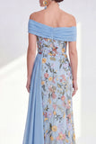 Off the Shoulder Floral Embroidered Blue Maxi Mother of the Bride Dress