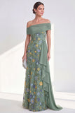 Off the Shoulder Floral Embroidered Blue Maxi Mother of the Bride Dress