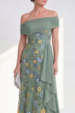 Off the Shoulder Floral Embroidered Blue Maxi Mother of the Bride Dress