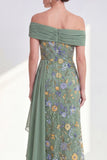 Off the Shoulder Floral Embroidered Blue Maxi Mother of the Bride Dress