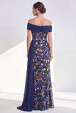 Off the Shoulder Floral Embroidered Blue Maxi Mother of the Bride Dress