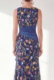 Navy Floral Embroidered Mermaid Ruched Mother of the Bride Dress