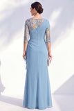 Mermaid Ruched Embroidered Blue Maxi Mother of the Bride Dress