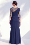 Mermaid Ruched Embroidered Blue Maxi Mother of the Bride Dress