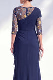 Mermaid Ruched Embroidered Blue Maxi Mother of the Bride Dress