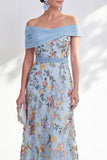 Off the Shoulder Ruched Embroidered Blue A Line Mother of the Bride Dress