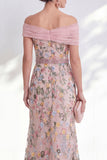 Off the Shoulder Ruched Embroidered Blue A Line Mother of the Bride Dress