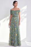 Off the Shoulder Ruched Embroidered Blue A Line Mother of the Bride Dress