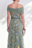 Off the Shoulder Ruched Embroidered Blue A Line Mother of the Bride Dress