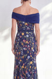 Off the Shoulder Ruched Embroidered Blue A Line Mother of the Bride Dress