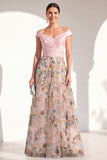 Off the Shoulder Ruched Floral Blush A Line Mother of the Bride Dress