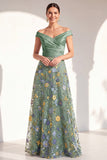 Off the Shoulder Ruched Floral Blush A Line Mother of the Bride Dress