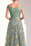 Off the Shoulder Ruched Floral Blush A Line Mother of the Bride Dress