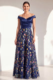 Off the Shoulder Ruched Floral Blush A Line Mother of the Bride Dress