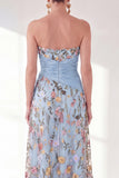 Strapless Blue Floral A Line Ruffled Maxi Mother of the Bride Dress