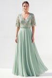 Green Half Sleeve A Line Maxi Mother of the Bride Dress