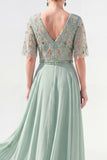 Green Half Sleeve A Line Maxi Mother of the Bride Dress