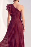 Sparkly One Shoulder Navy A Line Pleated Mother of the Bride Dress